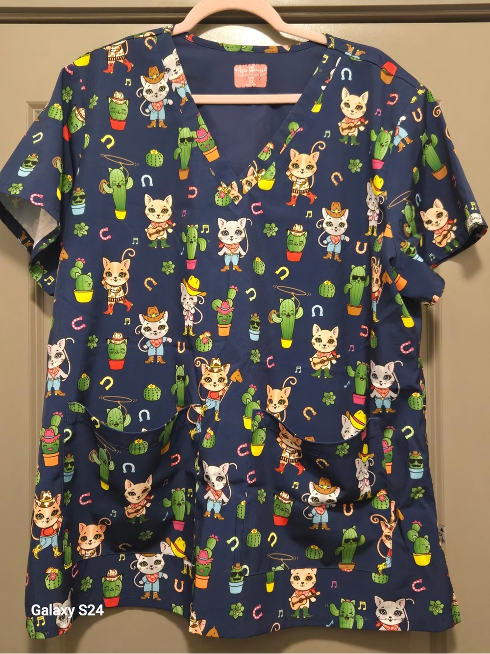 Navy Western Cat & Cactus Print V-Neck Scrub Top